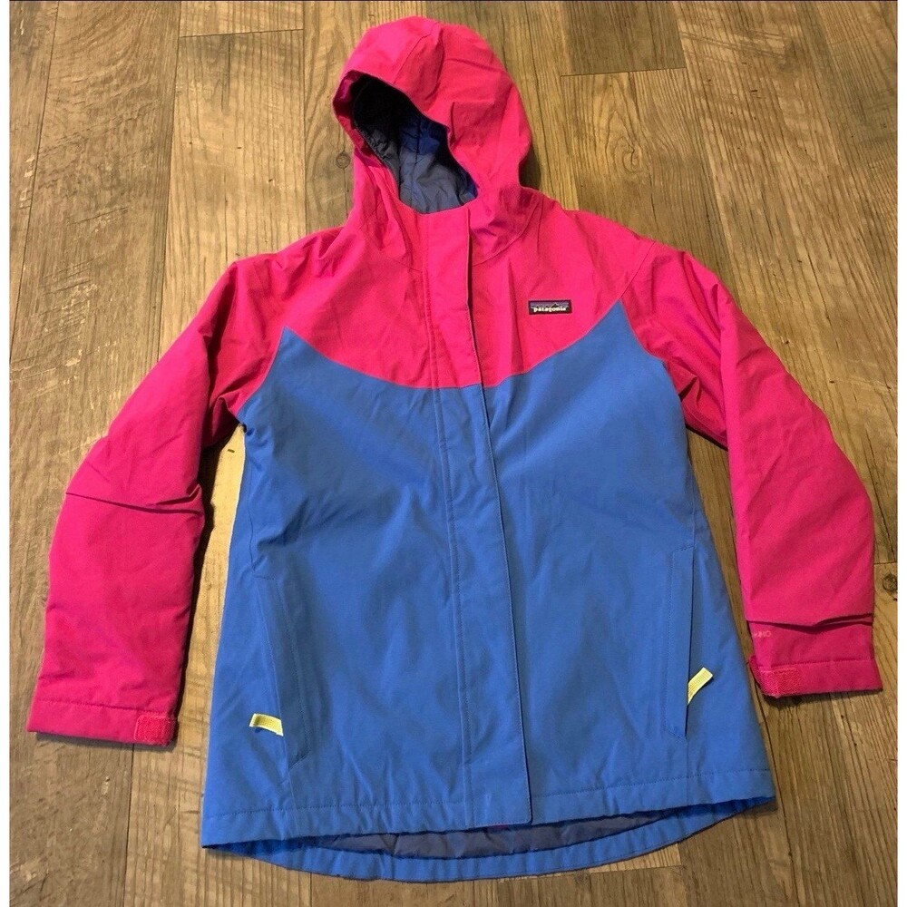 Patagonia Girls Pink Blue Hooded Jacket Girls M (10) The Zipper Doesn’t Work